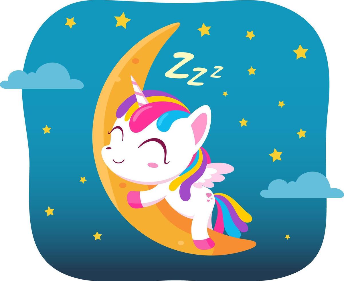 Cute Magical Baby Unicorn Cartoon Character Sleeping On Moon vector