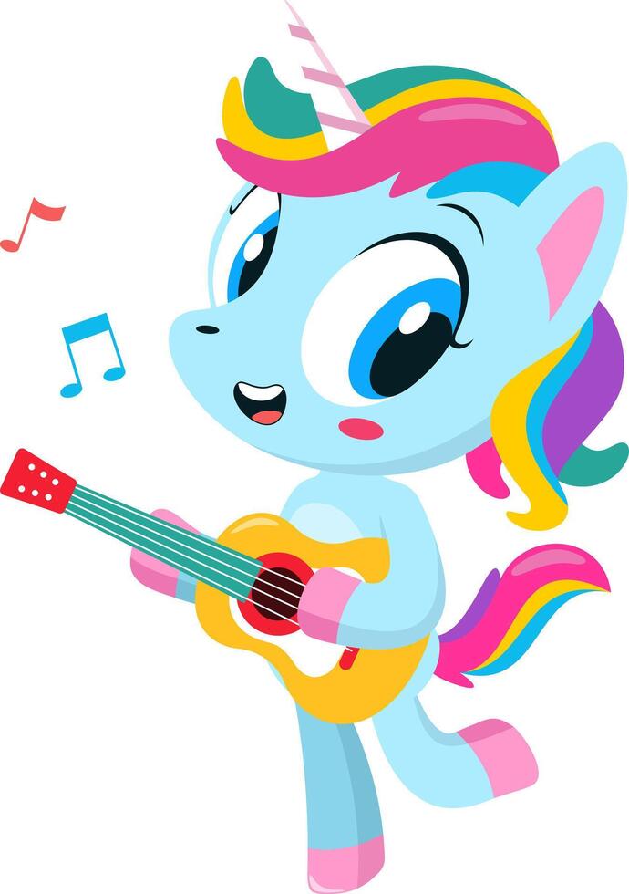 Cute Magical Baby Unicorn Cartoon Character Sings and Plays Guitar vector