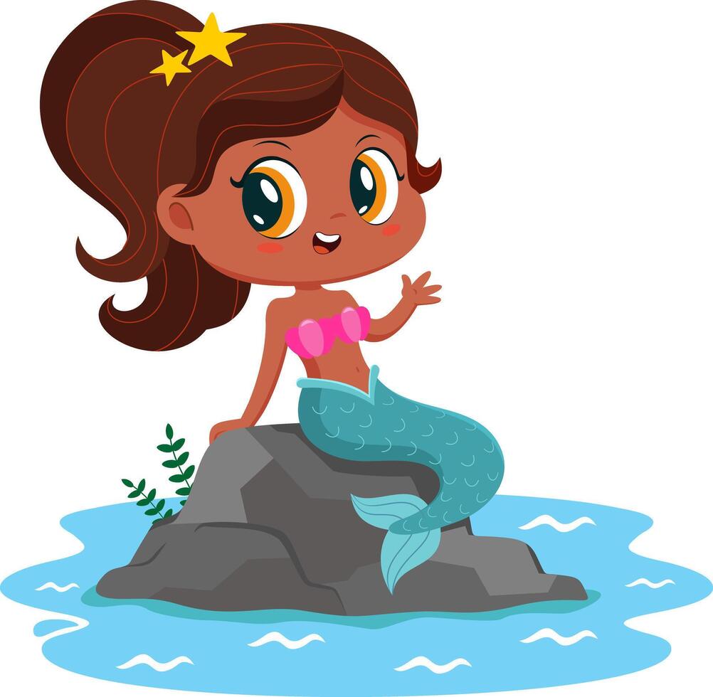 Cute Little Afro American Mermaid Girl Cartoon Character Sitting On A Rock vector