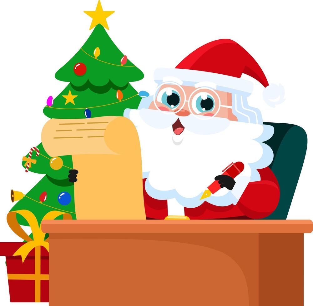 Santa Claus Cartoon Character Checking His Paper Scroll List vector