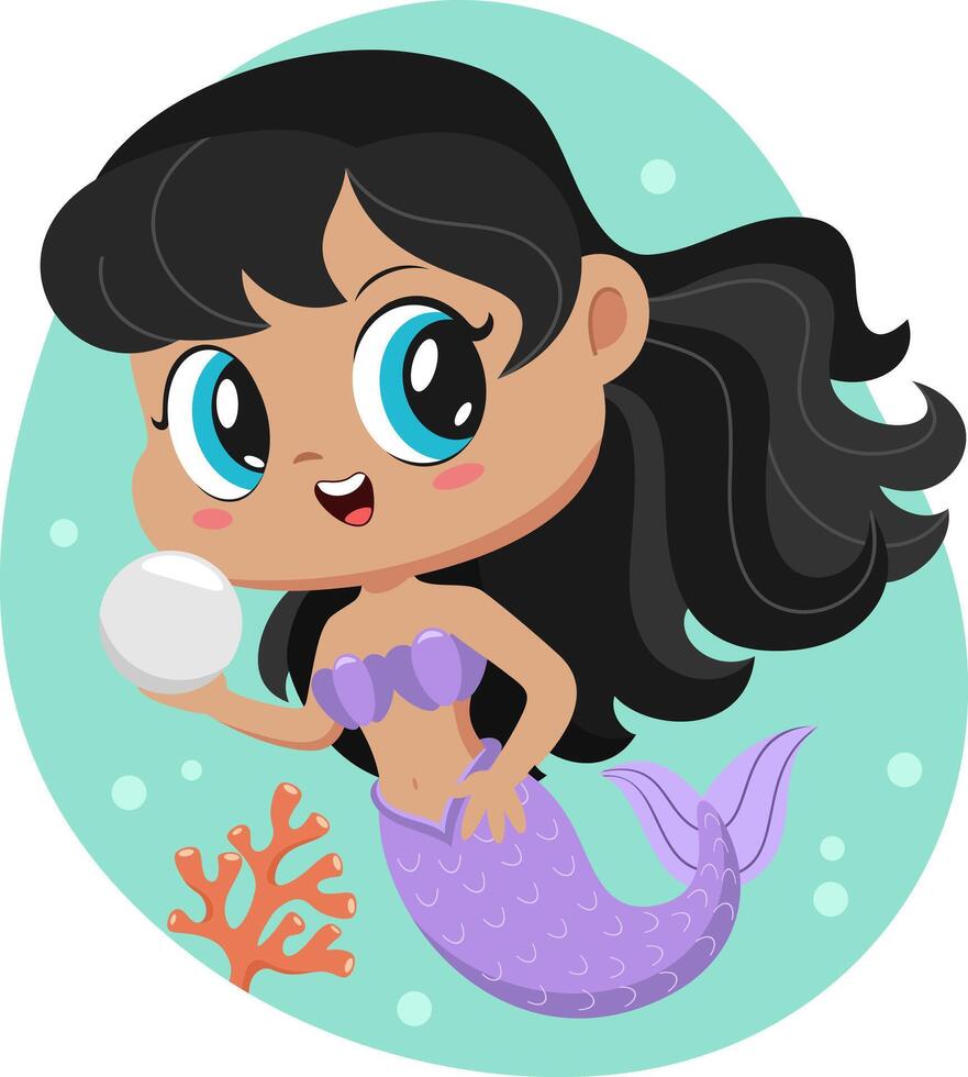 Cute Little Afro American Mermaid Girl Cartoon Character Swims Underwater vector