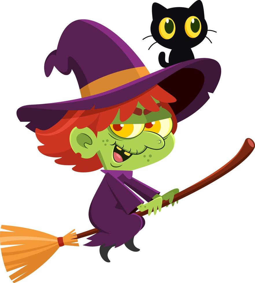Ugly Halloween Witch Cartoon Character Flying On A Broom Stick And The Black Cat In The Hat vector