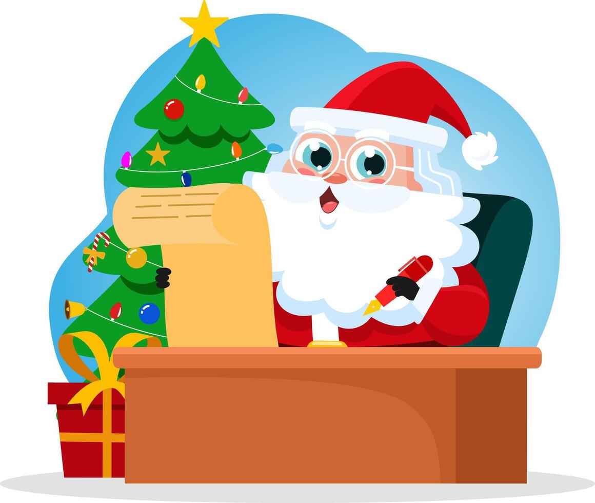 Santa Claus Cartoon Character Checking His Paper Scroll List vector