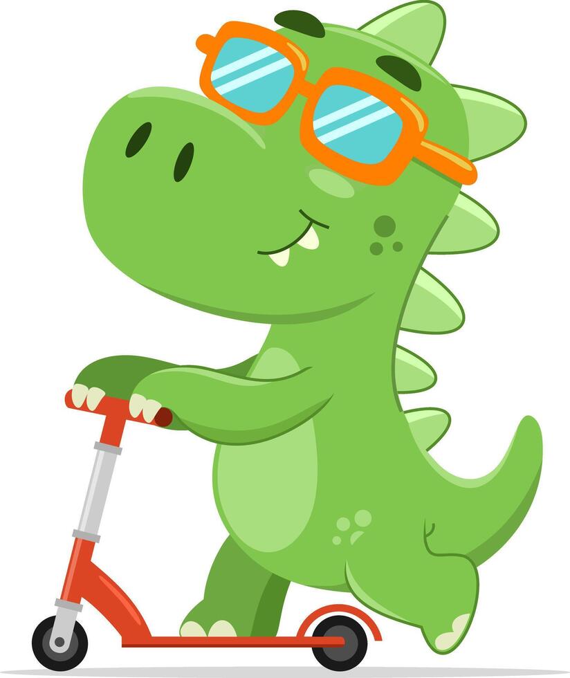 Cute Baby Dinosaur Cartoon Character Riding A Scooter vector