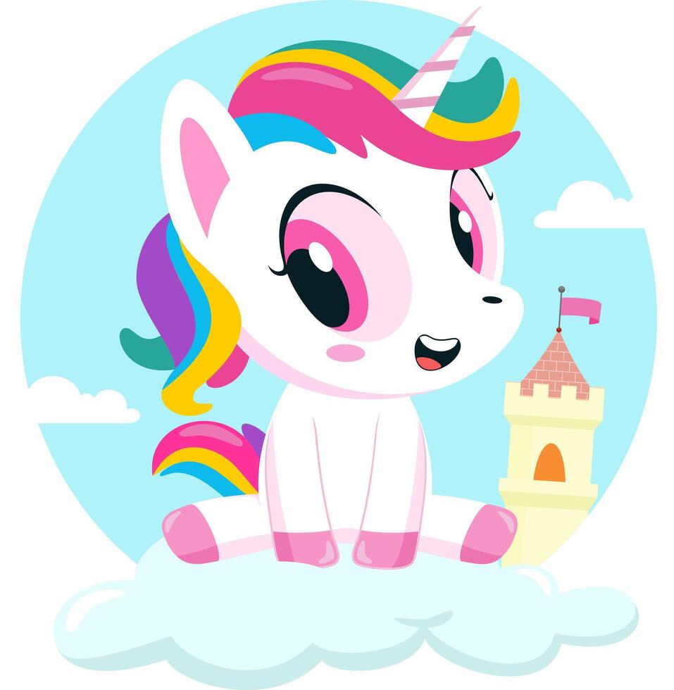 Cute Magical Baby Unicorn Cartoon Character Seated On A Cloud Over Landscape With Castle vector