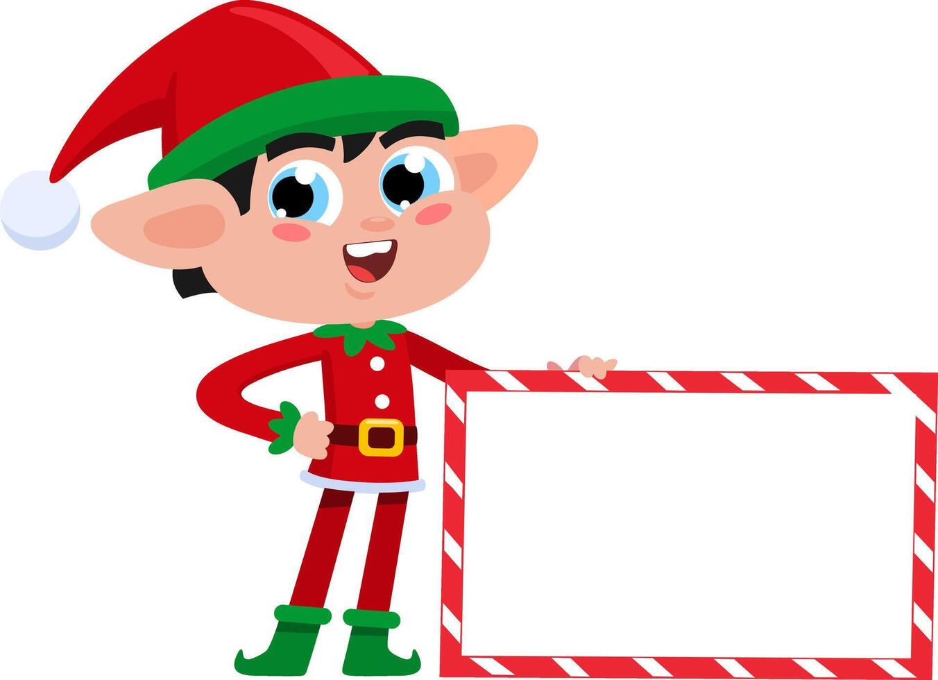 Cute Christmas Elf Cartoon Character Holding A Blank Sign vector
