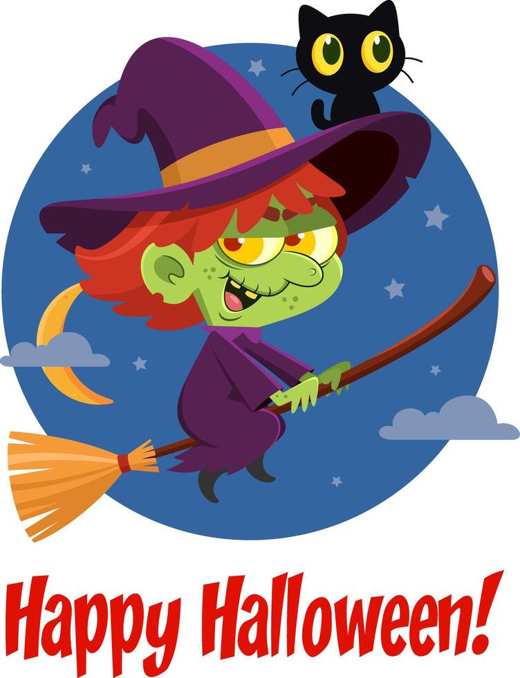 Ugly Halloween Witch Cartoon Character Flying On A Broom Stick And The Black Cat In The Hat vector