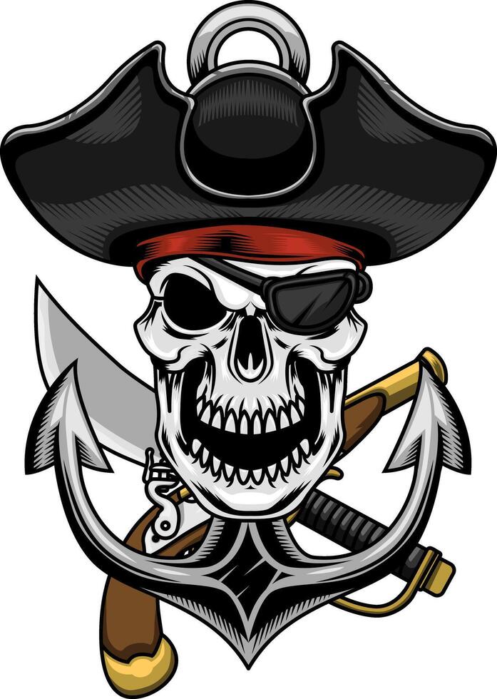 Pirate Skull With Sabre And Gun Over Anchor In Ropes. Graphic Logo Design vector