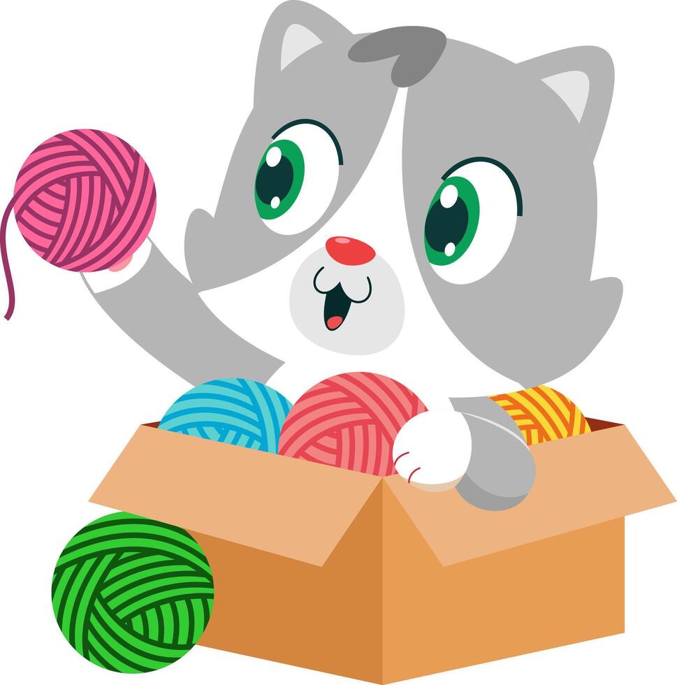 Cute Baby Cat Cartoon Character Playing With Balls Of Yarn In Carton vector