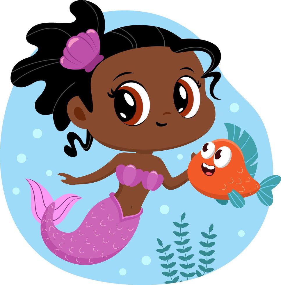 Cute Little Afro American Mermaid Girl Cartoon Character Swims Underwater vector