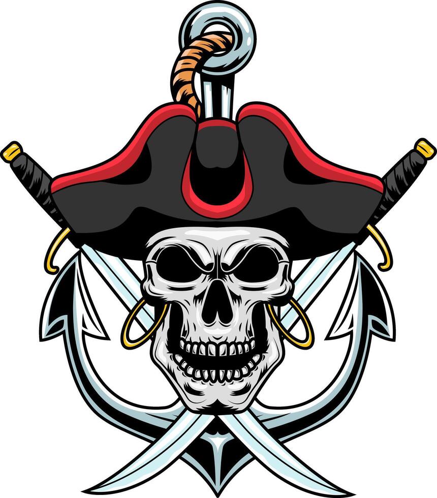 Pirate Skull With Two Sabres Over Anchor Graphic Logo Design vector