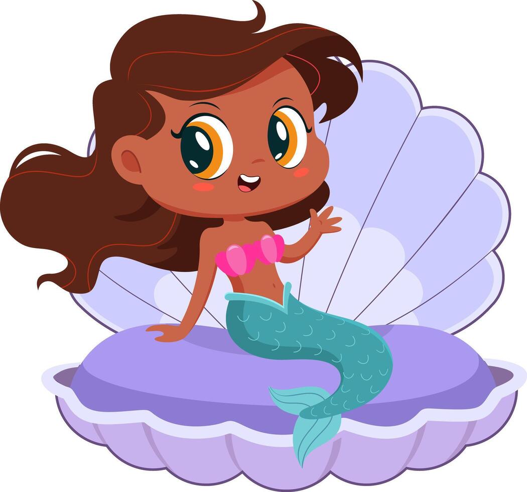 Cute Little Afro American Mermaid Girl Cartoon Character In Clam Shell vector