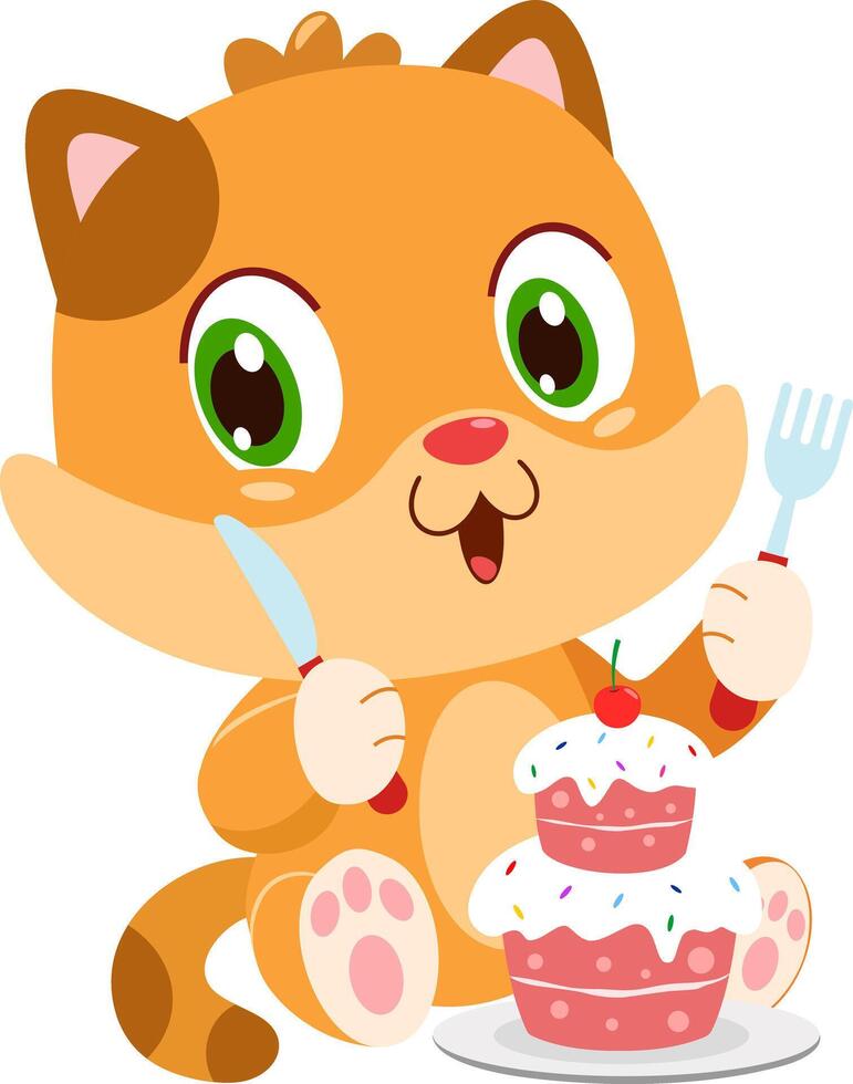 Cute Baby Cat Cartoon Character Is Looking At A Cake With A Knife And Fork vector