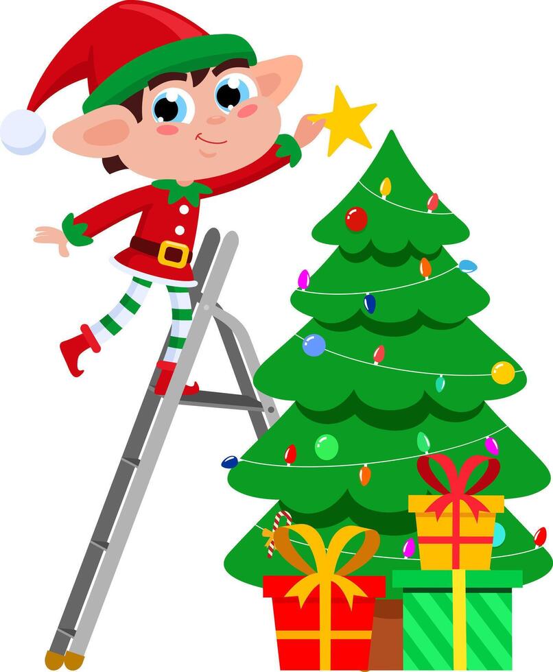 Cute Christmas Elf Cartoon Character Decorate The Christmas Tree vector