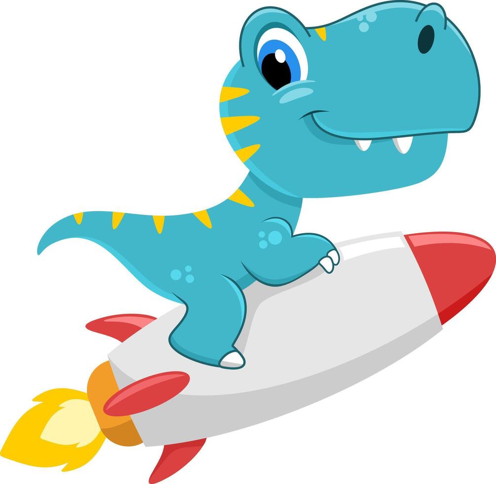 Cute Baby Dinosaur Cartoon Character Flying On The Rocket vector