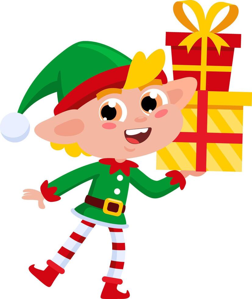 Cute Christmas Elf Cartoon Character Holding Up Gift Boxes vector