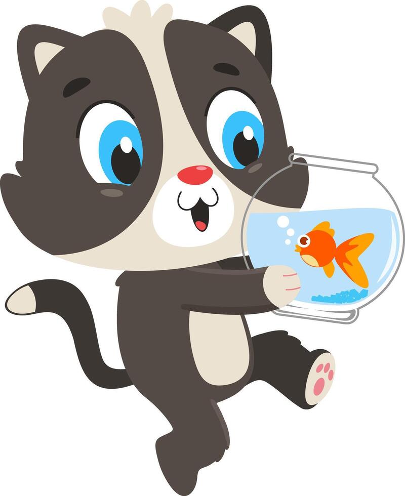 Cute Baby Cat Cartoon Character Running With Aquarium And Fish vector