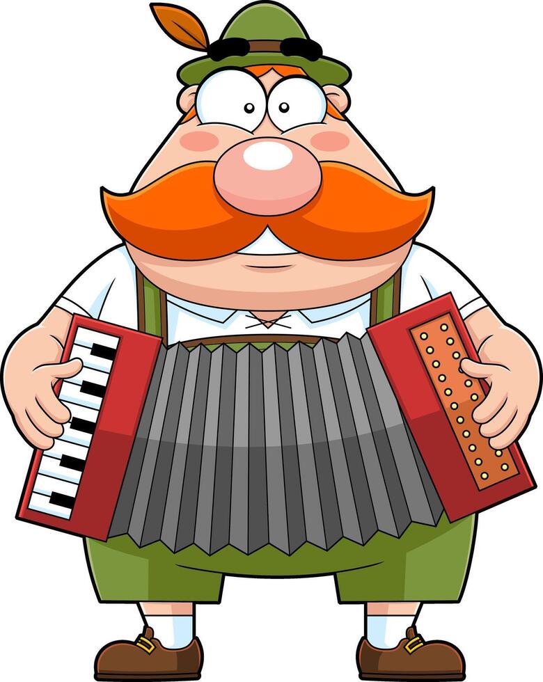 Oktoberfest Man Cartoon Character In Traditional Bavarian Clothes Playing Accordion vector