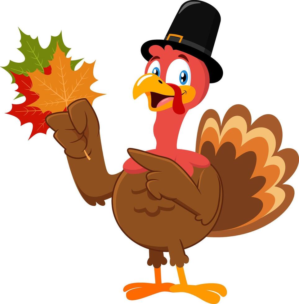 Smiling Pilgrim Turkey Cartoon Character Holding Autumn Leaves vector