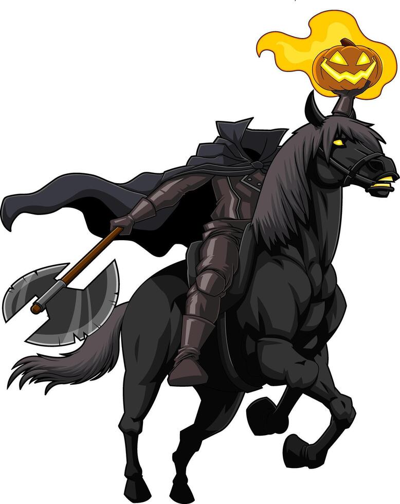 Headless Horseman Cartoon Character Running Axe And Jack's Lantern Pumpkin Head vector