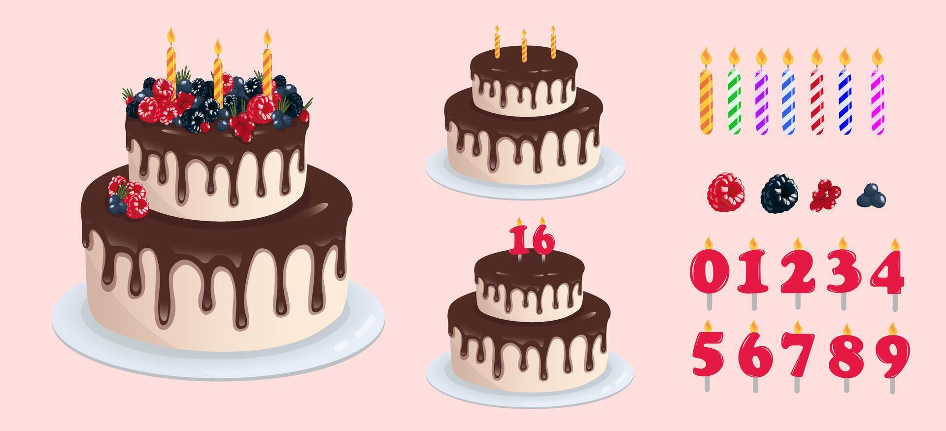 Birthday cake in cartoon style with numbered candles decorated with berries and chocolate. Anniversary candles, birthday cakes illustration set vector