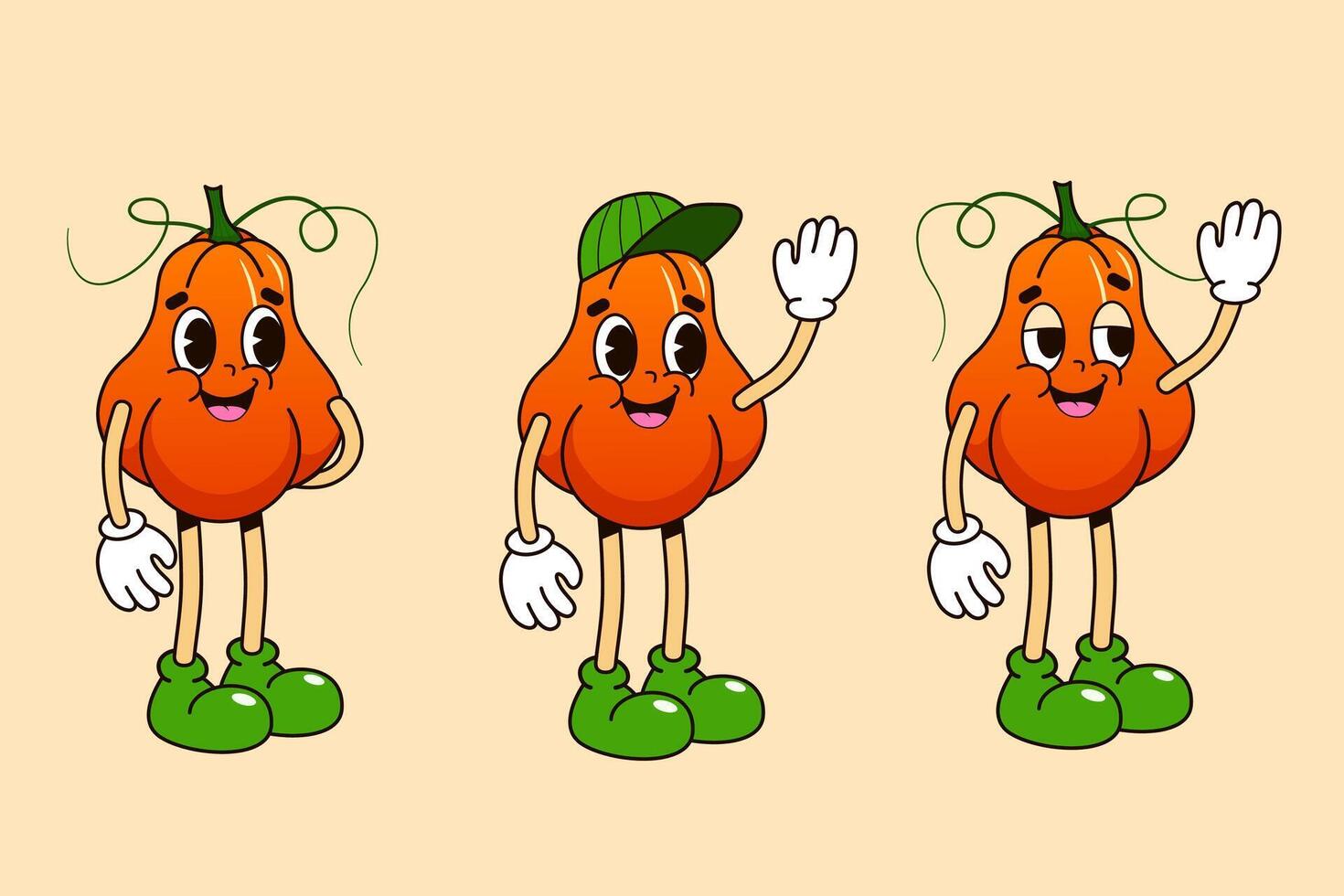 set of pumpkin characters in retro cartoon style in groovy style. Pumpkin character with different emotions, pumpkin character in a green cap vector