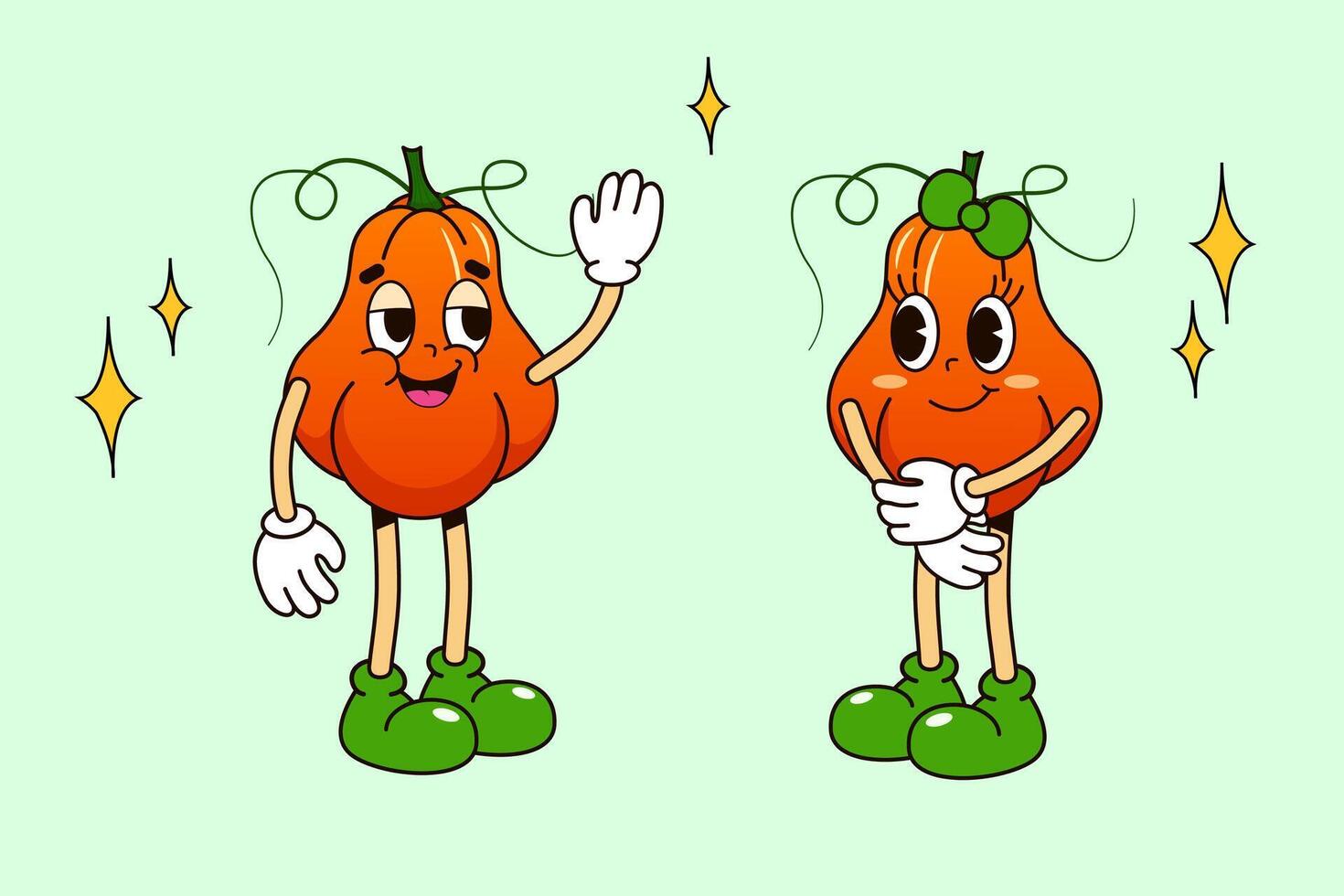 set of pumpkin characters boy and girl in retro cartoon style in groovy style. vector
