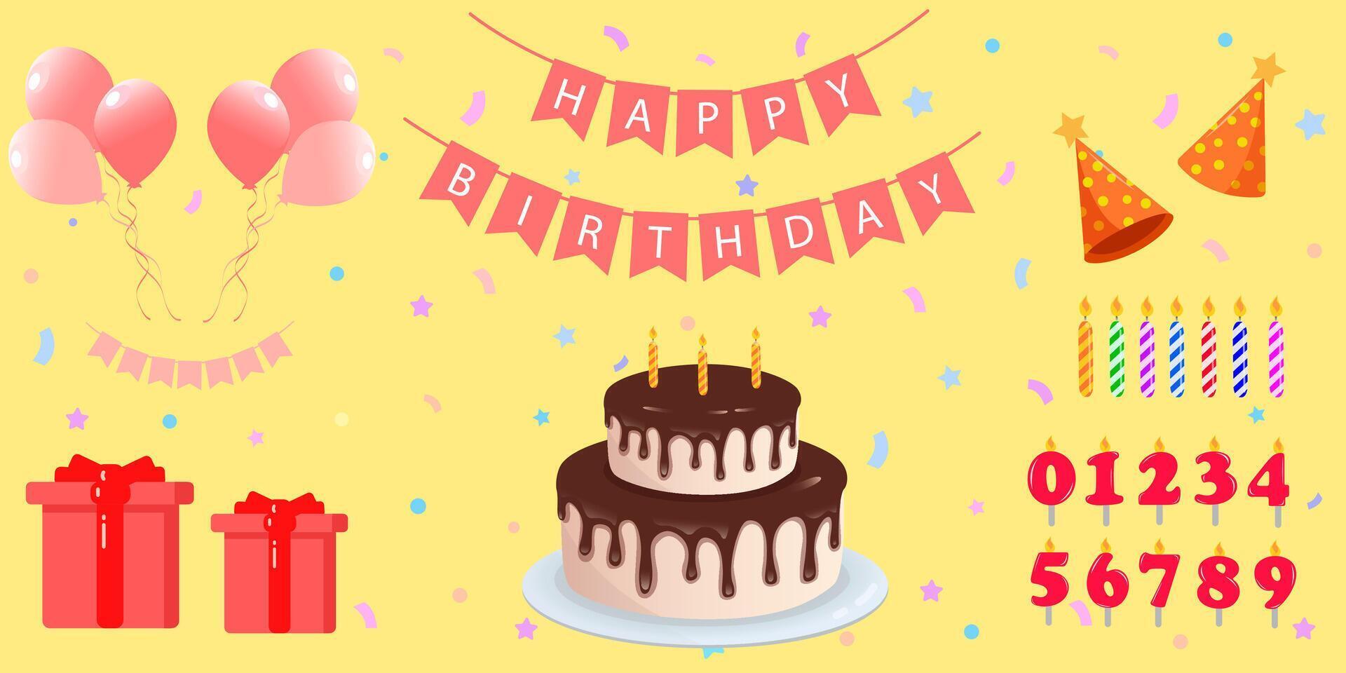 Set of cartoon birthday elements. Balloons, party hat, happy birthday flags, flags, cake, number candles, cake candles and birthday gifts. Set of isolated illustrations vector