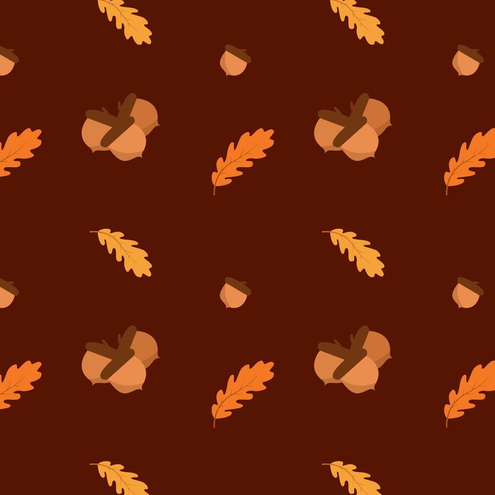 Autumn pattern. Seamless background with autumn oak leaves and acorns. Set seasonal geometric textures. Colorful cartoon illustration in flat design. Abstract wallpaper. Flat vector