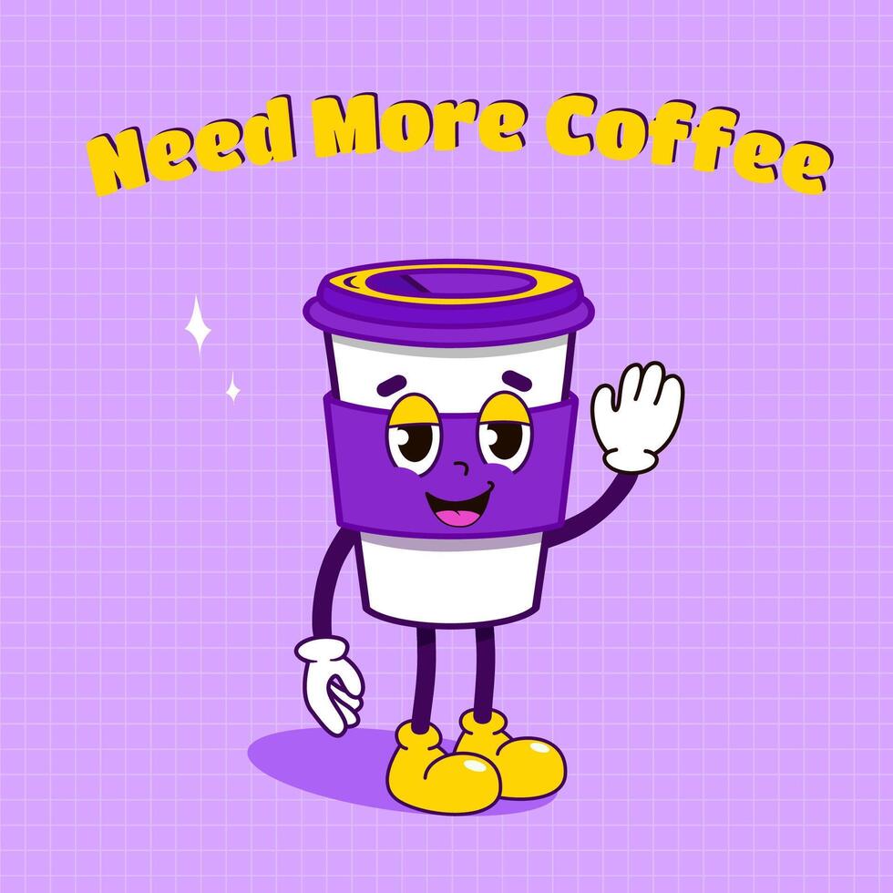 retro poster with cartoon coffee mascot characters funny colorful characters in groovy style hand drawn eco cup illustration vector