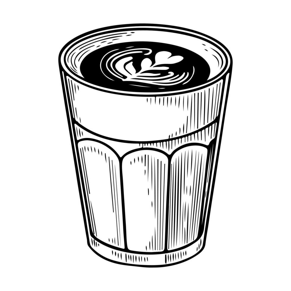 Cappuccino or chocolate in a glass with whipped cream. Hand-drawn sketch vector