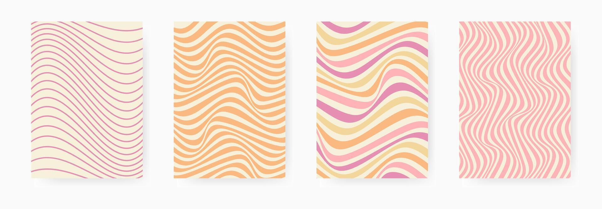 Groovy abstract psychedelic colorful wavy poster set. Rainbow texture pattern 60s-70s for social media. Y2K hippie retro design vector