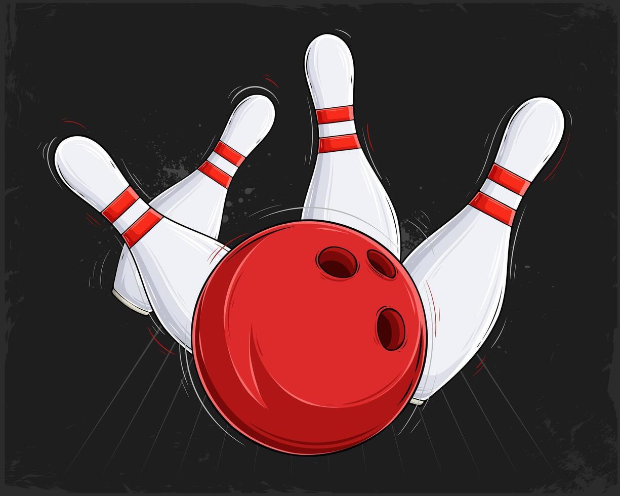 Hand drawn red bowling ball striking with falling white striped pins isolated on black background vector