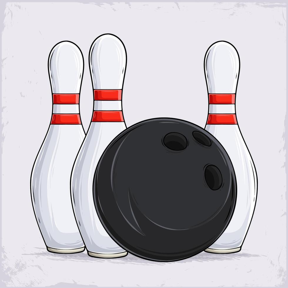 Hand drawn black bowling ball with white pins with red stripes isolated on white background vector