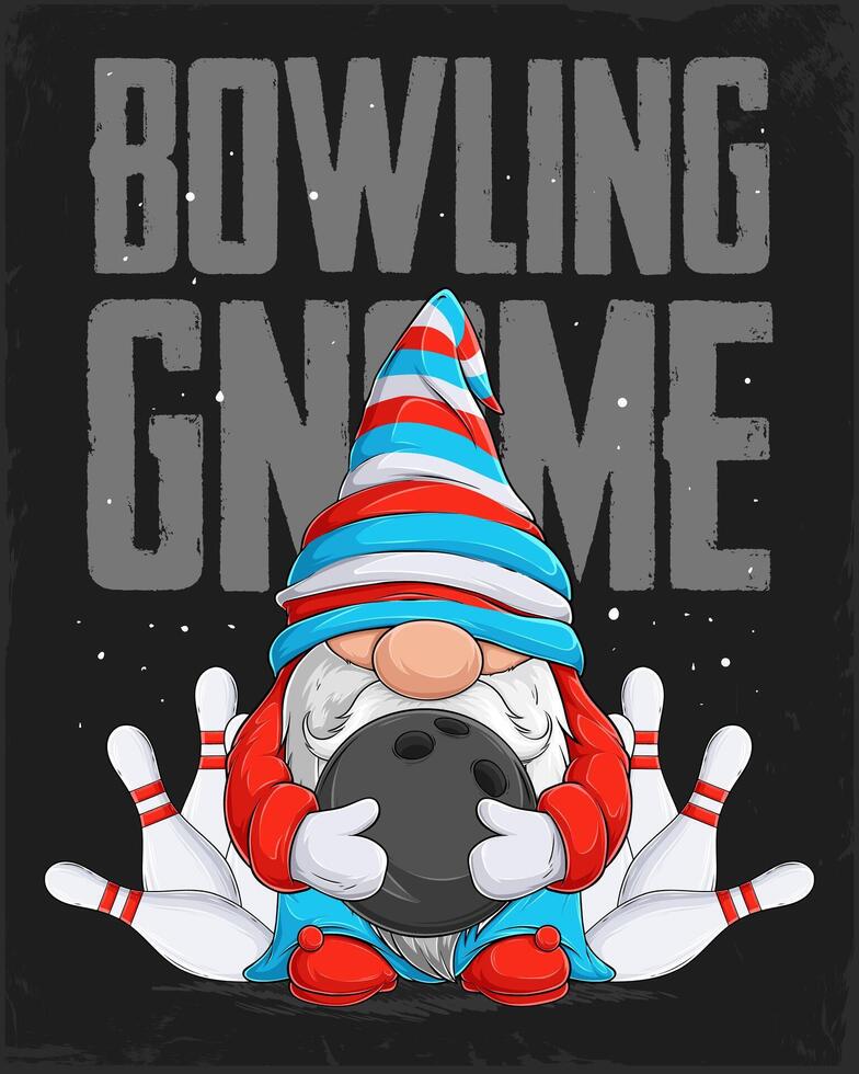 Hand drawn cute gnome holding a black bowling ball and set of white bowling pins on behind isolated vector