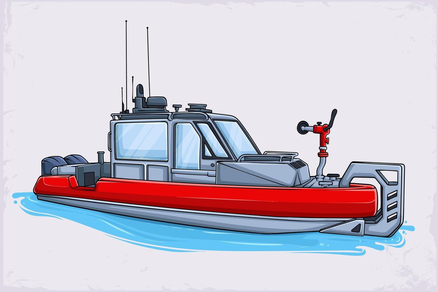 Hand drawn red fire boat floating on water ready for firefighting isolated on white background vector
