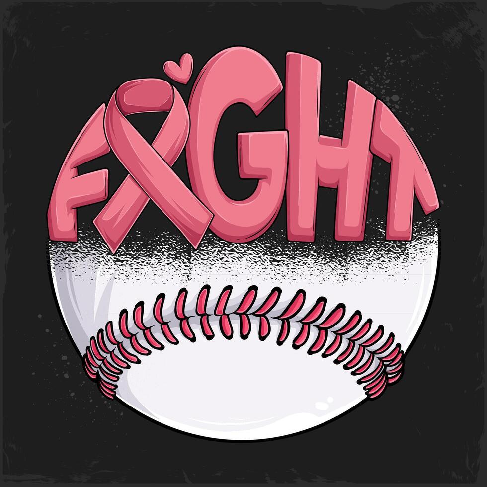 Hand drawn Breast Cancer awareness half pink stitched Baseball ball fight calligram with pink ribbon vector