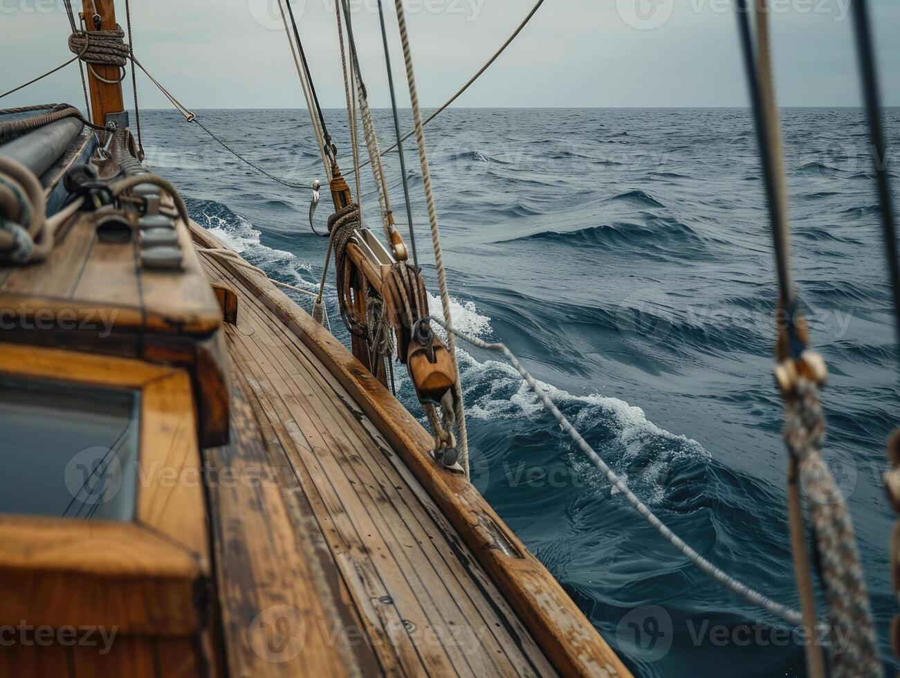 Close up view of wooden sailboat deck sailing on open sea with ropes and rigging visible. Waves gently crashing against hull on cloudy day. Ai generation photo