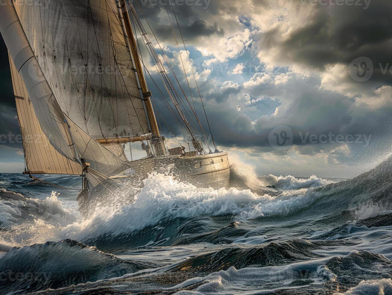 Sailboat battling rough ocean waves during storm with dramatic clouds in sky. Dynamic scene of wooden sailing vessel navigating through turbulent waters. Ai generation. photo