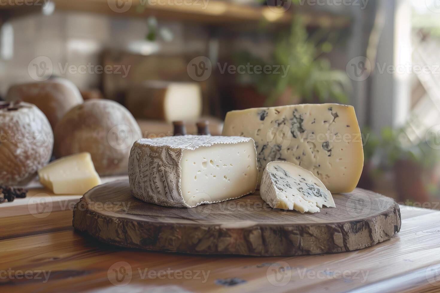 Assorted artisanal cheeses stacked on wooden boards in rustic cheese shop. Of gourmet cheese wheels with different textures and rinds. Close up of traditional dairy product. Ai generation photo