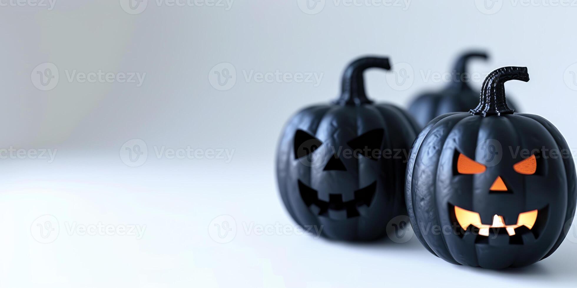 Row of black jack-o-lanterns with carved faces, one glowing with orange light on white background with copy space. Halloween pumpkins with sinister expressions in spooky, eerie setup. Ai generation photo