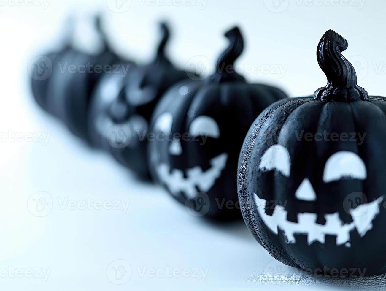 Row of black jack-o-lanterns with white carved smiling faces in blurred background. Halloween pumpkins with frosted texture and eerie expressions on cool toned background. Ai generation photo
