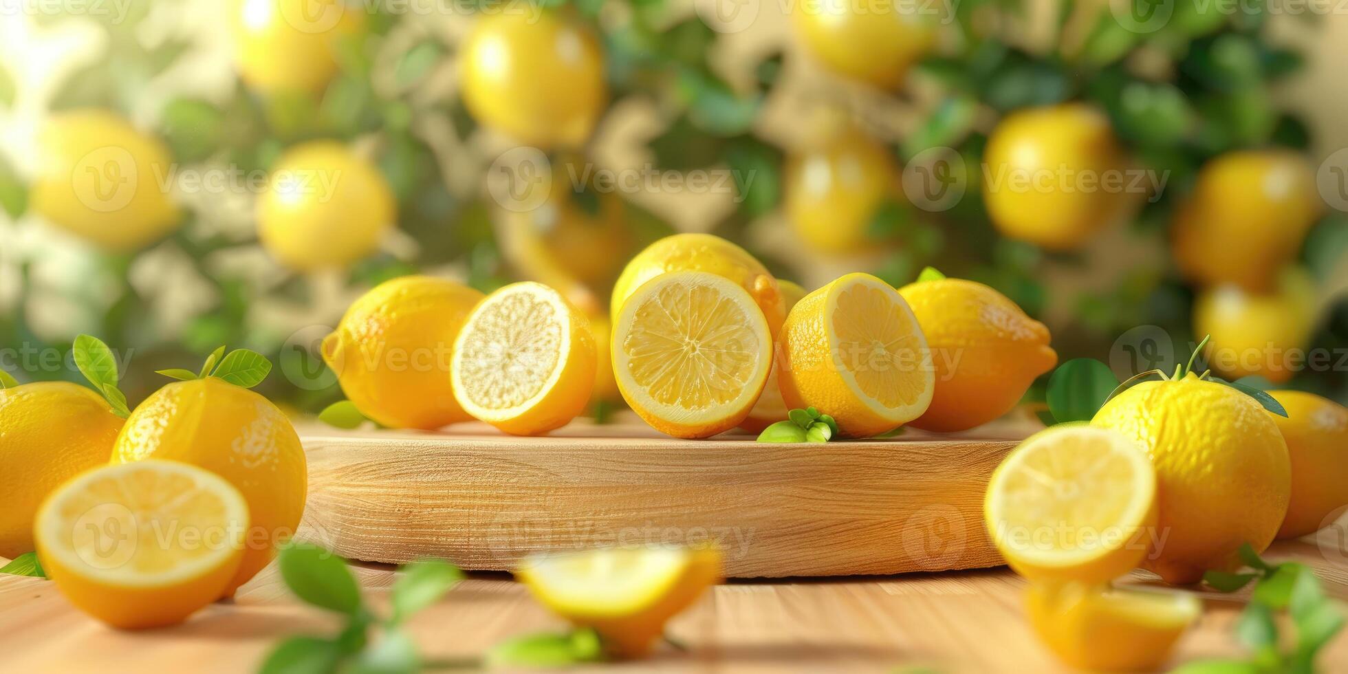 Fresh whole and sliced lemons with green leaves on wooden surface, surrounded by blurred lemon trees in background. Bright and juicy citrus fruits in sunlit outdoor garden. Ai generation photo
