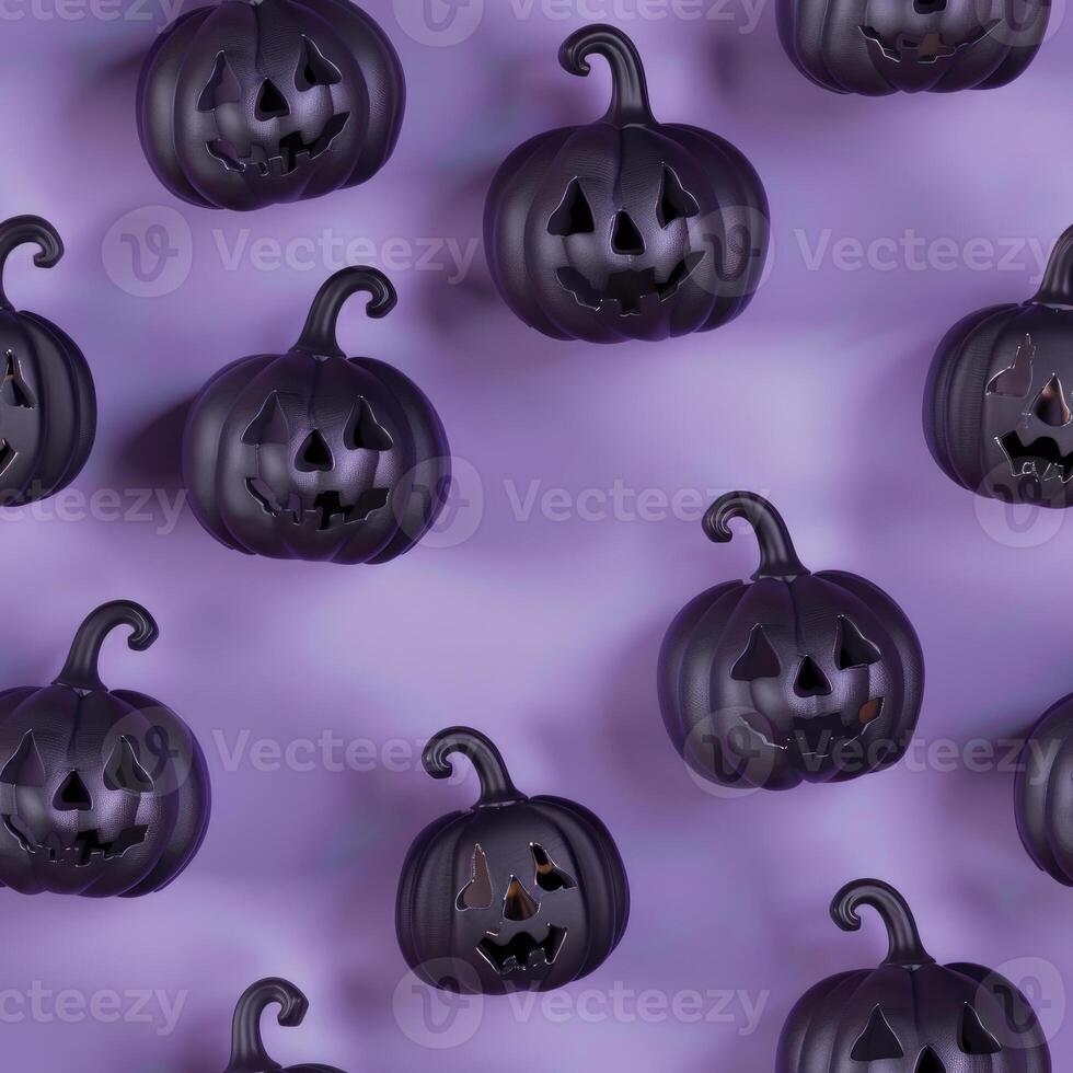 Seamless pattern of black Halloween jack o lantern pumpkins with carved faces on purple background. Spooky festive decoration for Halloween celebration. Holiday themed. Ai generation photo