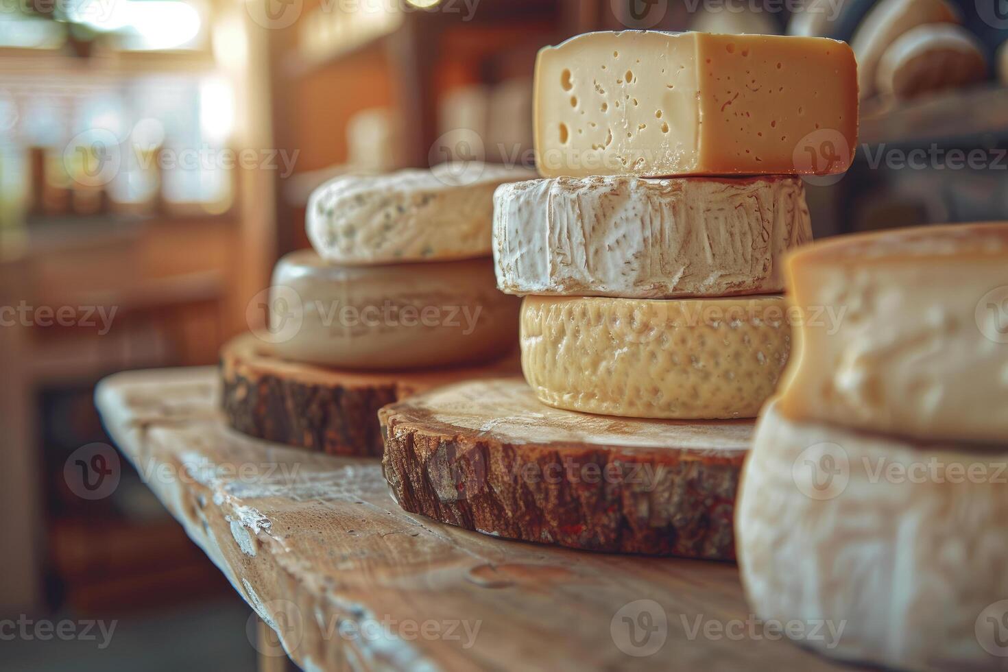 Assorted artisanal cheeses stacked on wooden boards in rustic cheese shop. Of gourmet cheese wheels with different textures and rinds. Close up of traditional dairy product. Ai generation photo