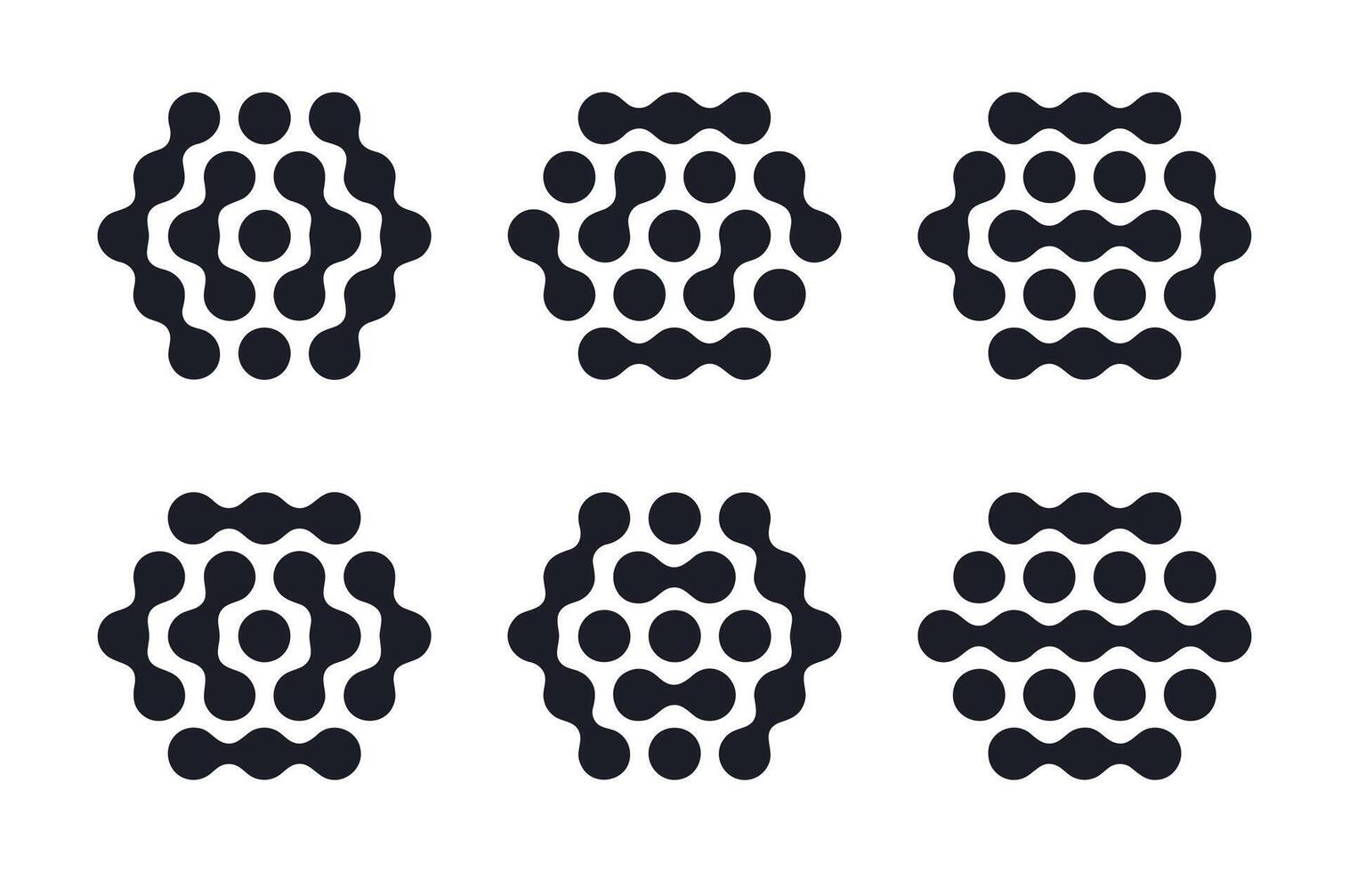 Metaball hexagon shapes. Abstract spotted graphic design elements, connected liquid molecule figures flat illustration set. Modern metaball icons vector