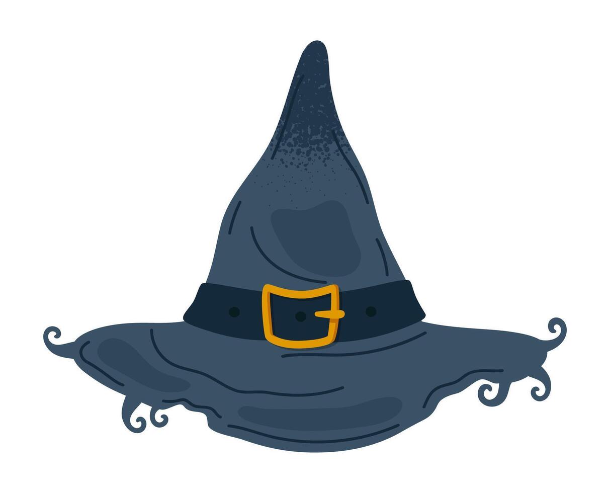 Halloween witch pointy hat. Thorn wizard hat, spooky trick or treat october party costume element flat illustration. Hand drawn magician hat on white vector