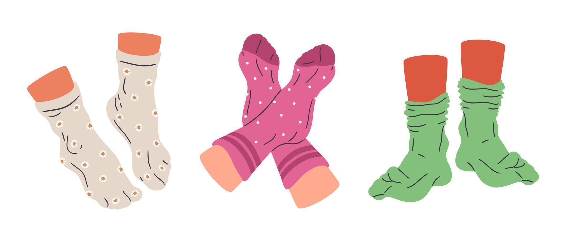 Feet in cotton socks. Feet wearing socks, pair feet in relaxed position flat isolated illustration set. Human feet on white background vector