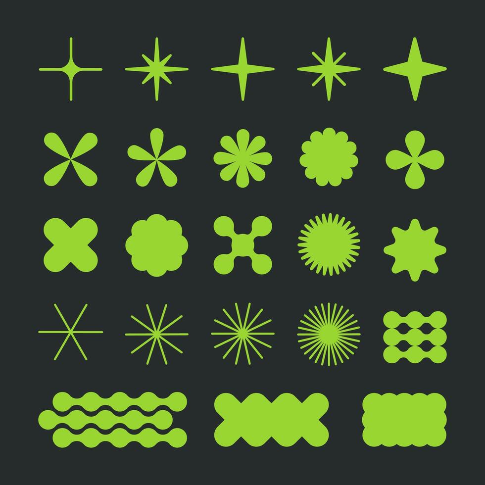 Geometric contemporary y2k figures. Modern brutalist shapes, bauhaus graphic elements, star, circle and flower shapes flat Illustration set. Abstract design shapes collection vector