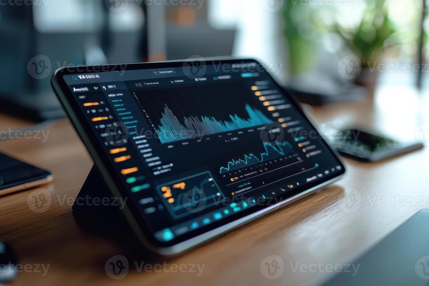 A tablet with a graph on it sits on a wooden table photo